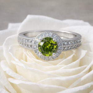 Elegant Halo Sterling Silver S925 Green Peridot Gemstone Ring