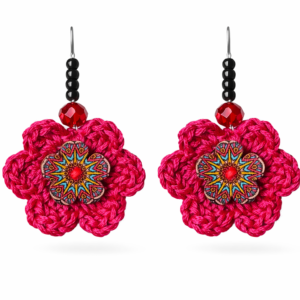 Handmade Pink Fuchsia Crocheted Button Flower Earrings