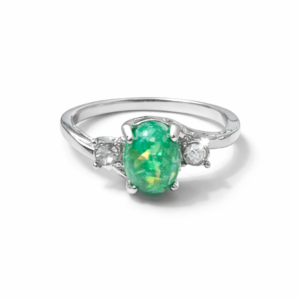 Silver‑Plated Heated Imitation Green Opal & White Rhinestone Ring