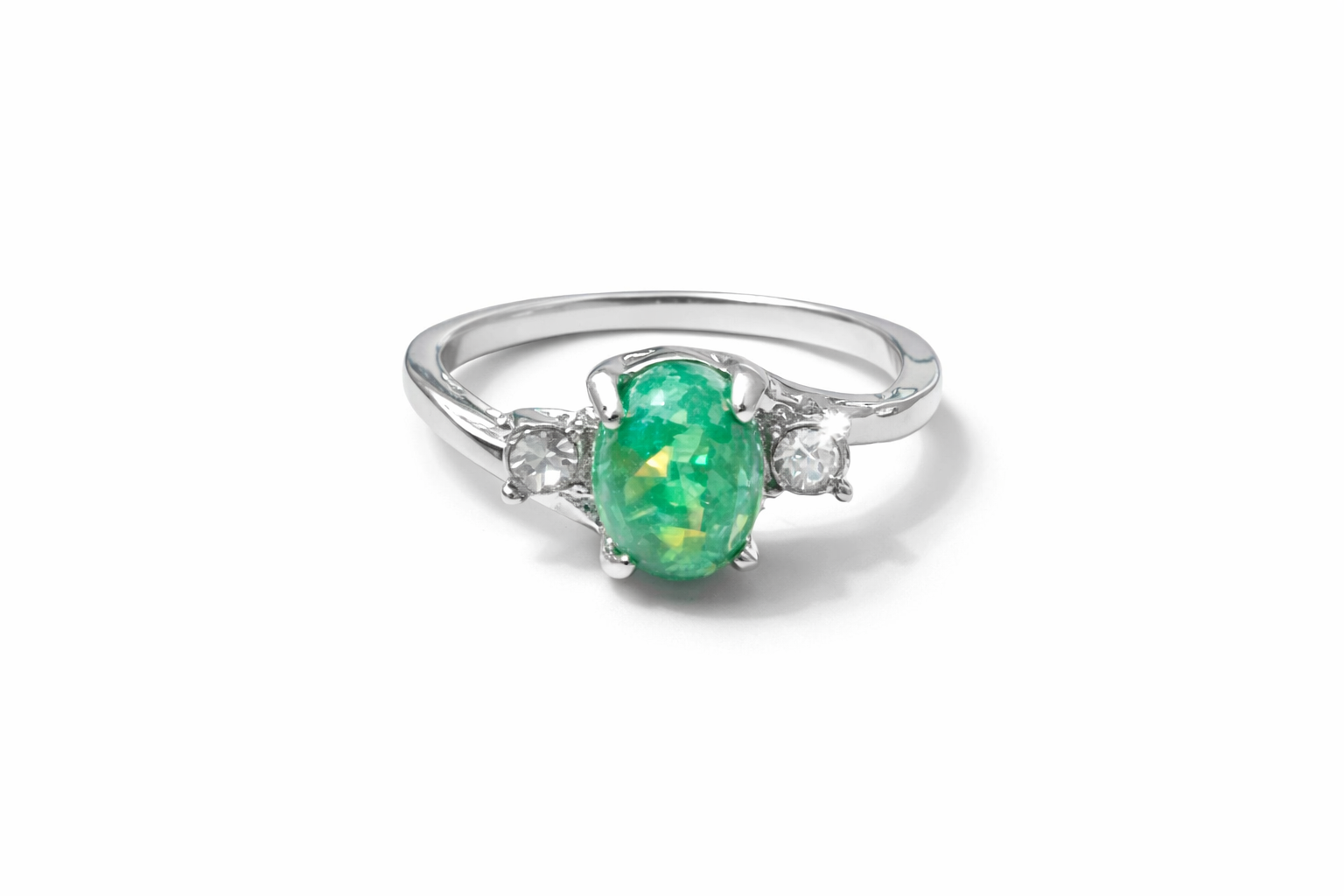 Silver‑Plated Heated Imitation Green Opal & White Rhinestone Ring