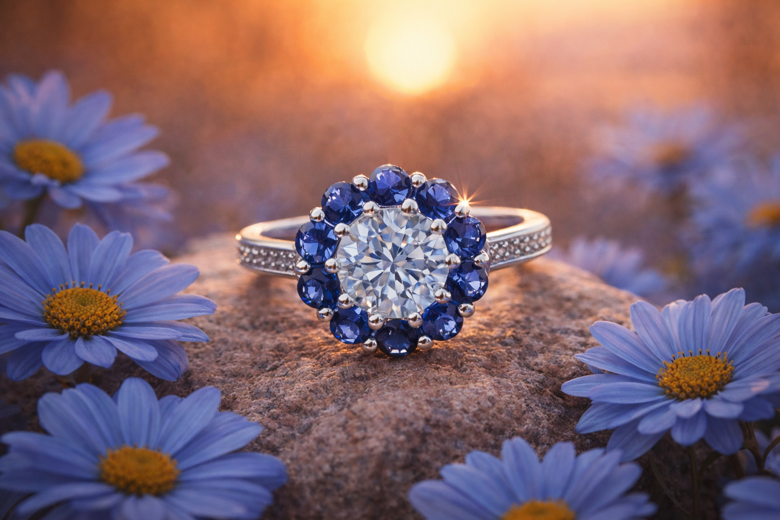 925 Sterling Silver Blue & White Topaz Halo Ring