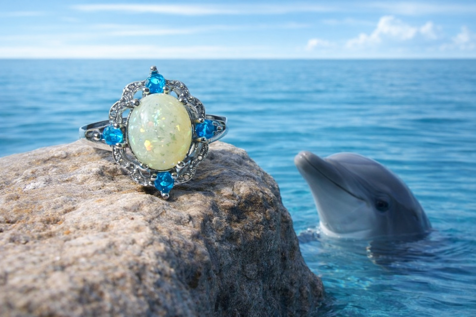 Elegant Sterling Silver Opal & Blue Gemstone 925 Ring