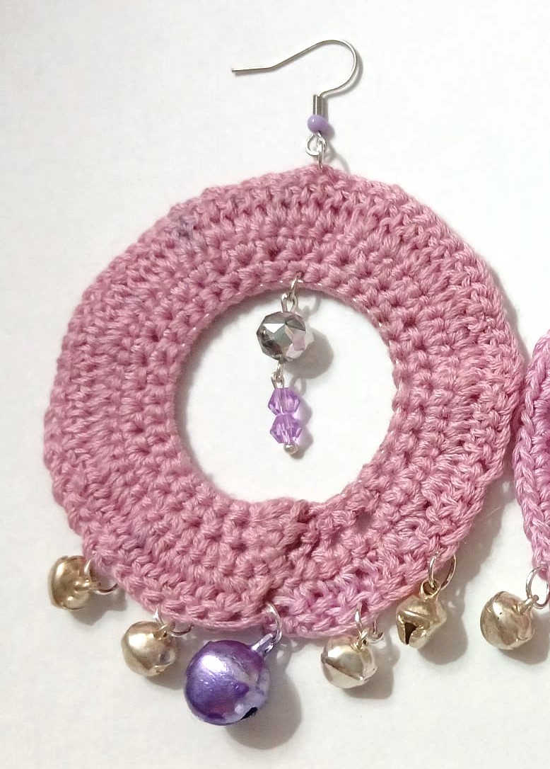 Handmade Pink Crocheted Hoop Earrings – Beaded Bell Dangle - Image 3