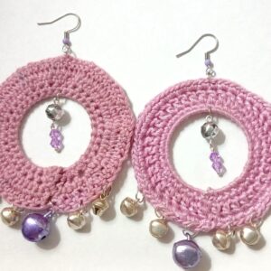 Handmade Pink Crocheted Hoop Earrings – Beaded Bell Dangle