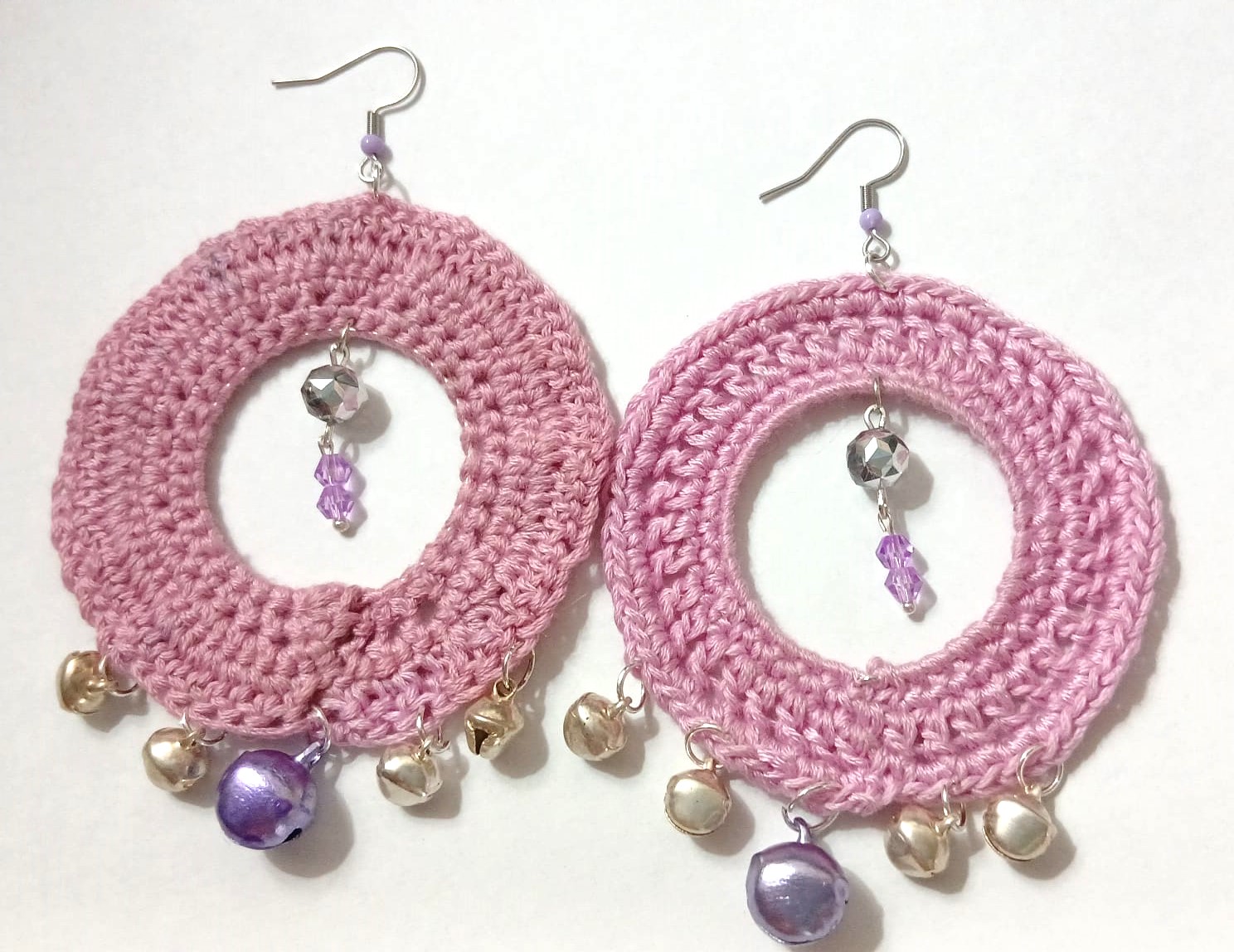 Handmade Pink Crocheted Hoop Earrings – Beaded Bell Dangle