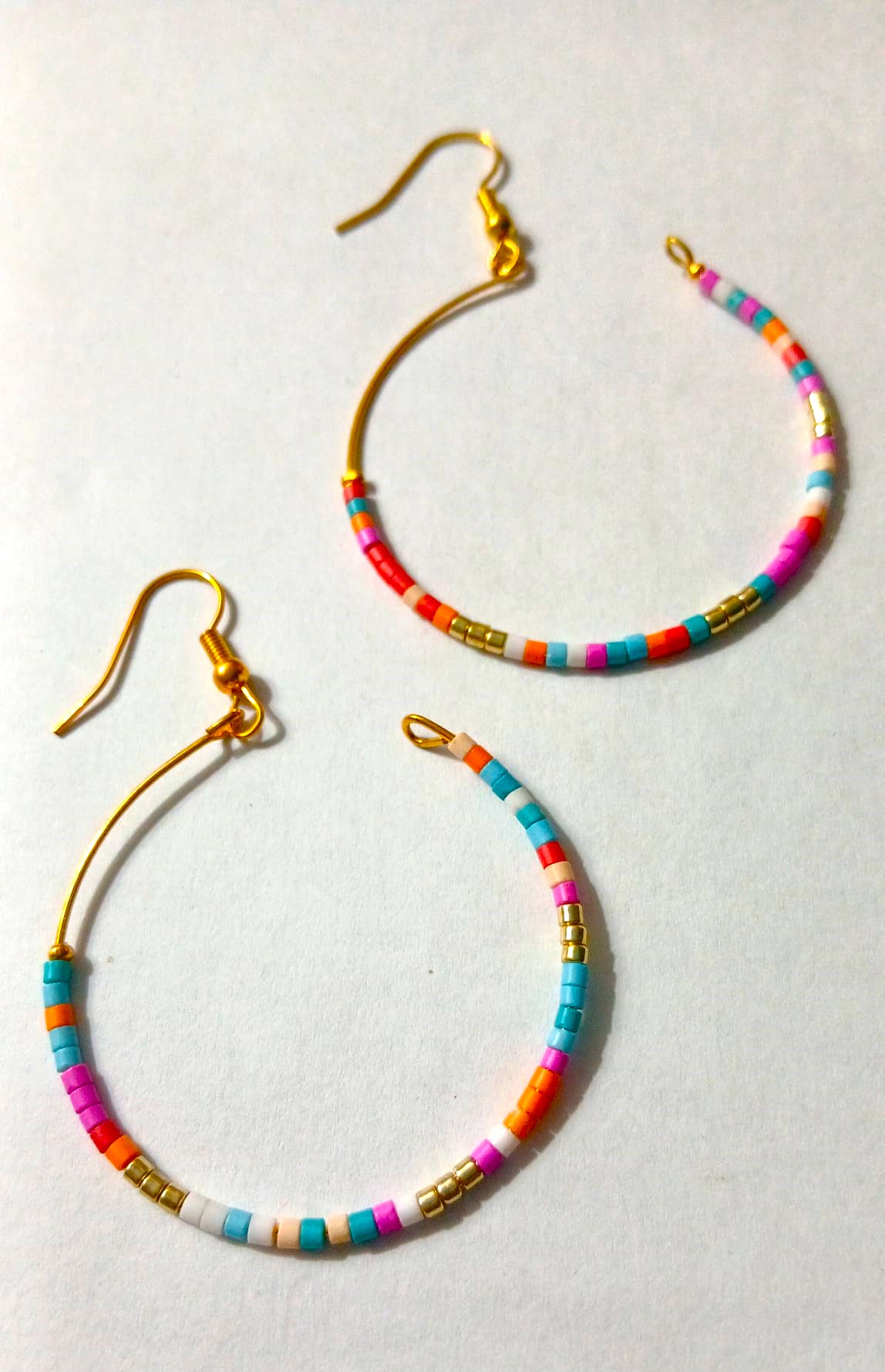 Gold Tone Hoop Drop Dangle Earrings – Colourful Beaded Design - Image 2