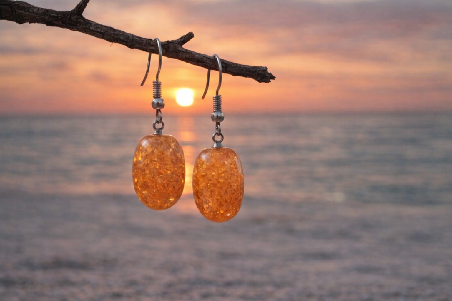 Imitation Light Brown Amber Oval Earrings – Silver Bead Hooks - Image 2