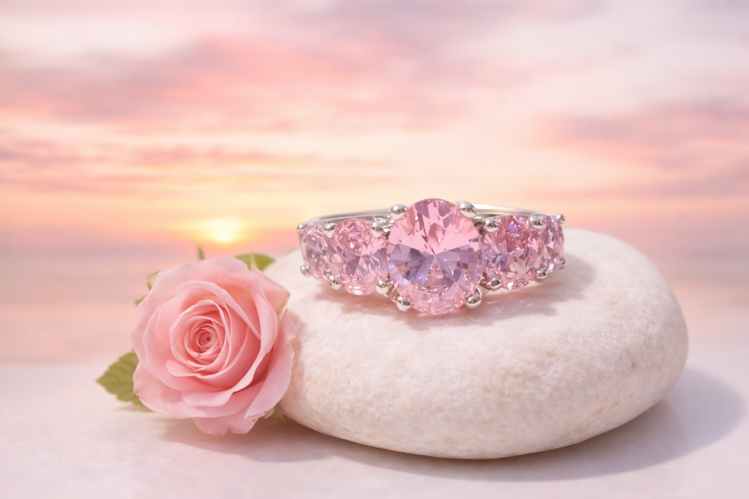 Beautiful 925 Silver 7 Stones Oval Pink Topaz Ring - Image 2