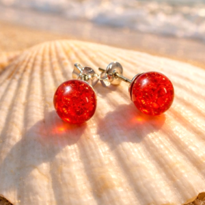 Beautiful Bright Red Resin Bead Stud Silver Tone Earrings