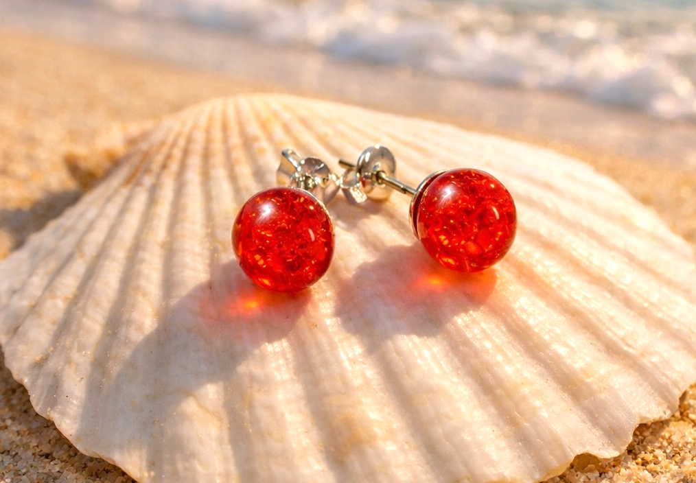 Beautiful Bright Red Resin Bead Stud Silver Tone Earrings