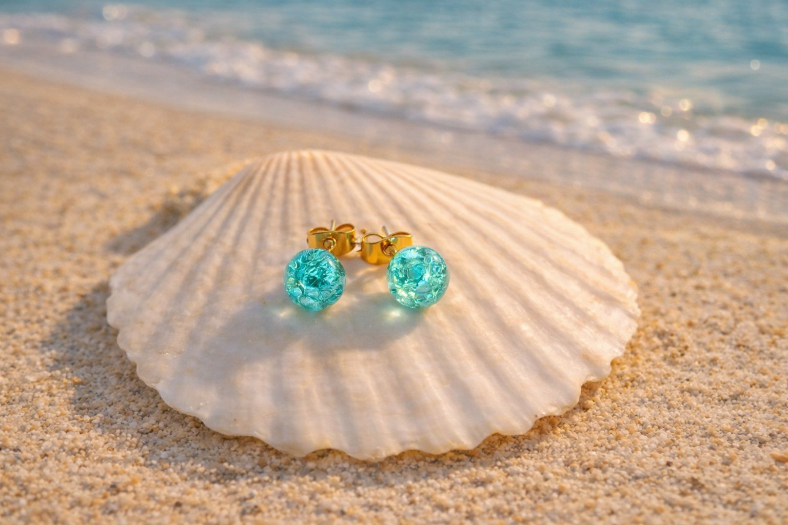 Beautiful Crackled Turquoise Resin Bead Gold Tone Stud Earrings - Image 2