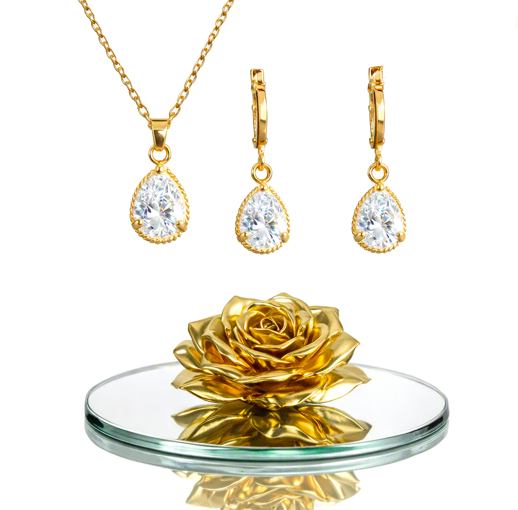 Elegant Yellow Gold Plated Clear Crystal Necklace Earrings