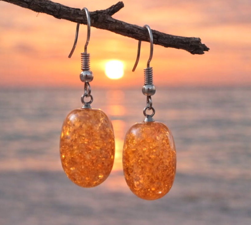 Imitation Light Brown Amber Oval Earrings – Silver Bead Hooks