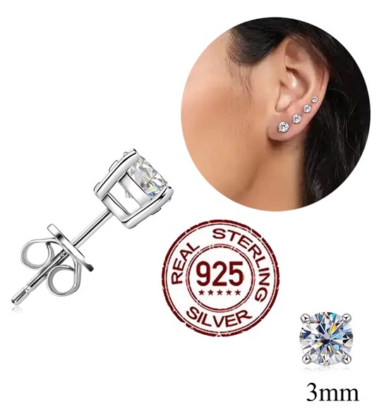 Sparkling 3mm Cubic Zirconia Stud Earrings – 925 Sterling Silver - Image 2