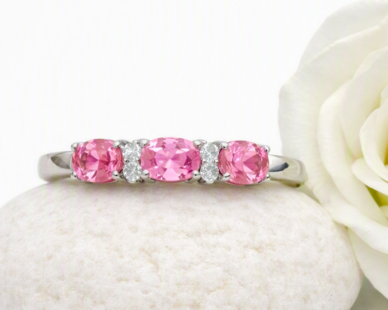 Elegant Three Stone Pink Topaz & Cubic Zirconia Design Silver Ring