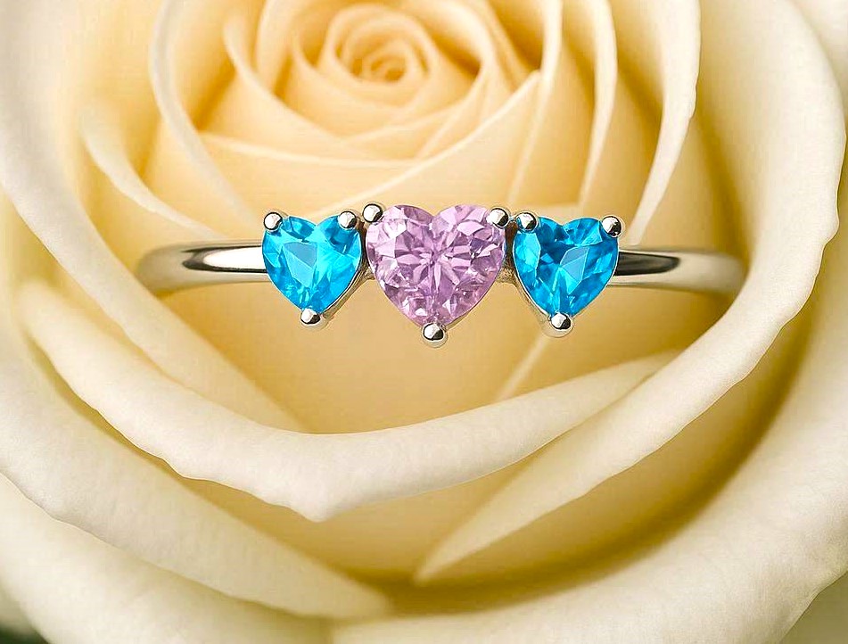 Ultra Petite 925 Sterling Silver Pink and Blue Heart Topaz Ring