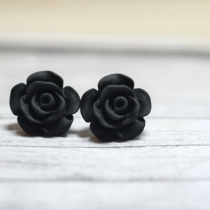 Feminine Sparkling Rose Flower Coral Black Stud Earrings