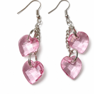 Beautiful Pink Heart Dangle Earrings – Faceted Acrylic Hearts – Silver Hooks