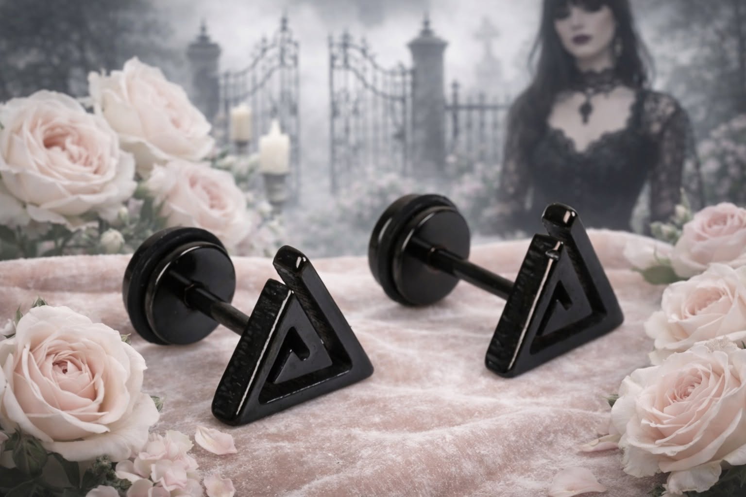 Black Geometric Triangle Titanium Earrings, Gothic Style - Image 5