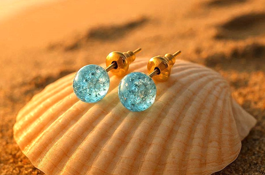 Beautiful Light Blue Resin Bead Stud Earrings - Image 3
