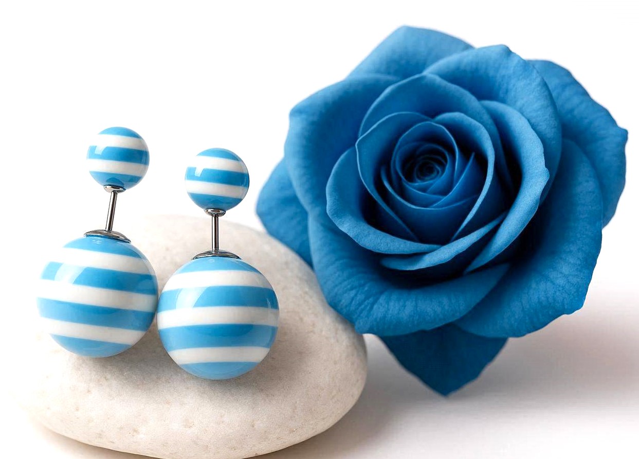 Double sided Stud: Blue & White Striped Silver Tone Studs - Image 2