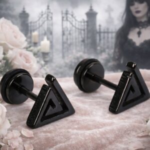 Black Geometric Triangle Titanium Earrings, Gothic Style