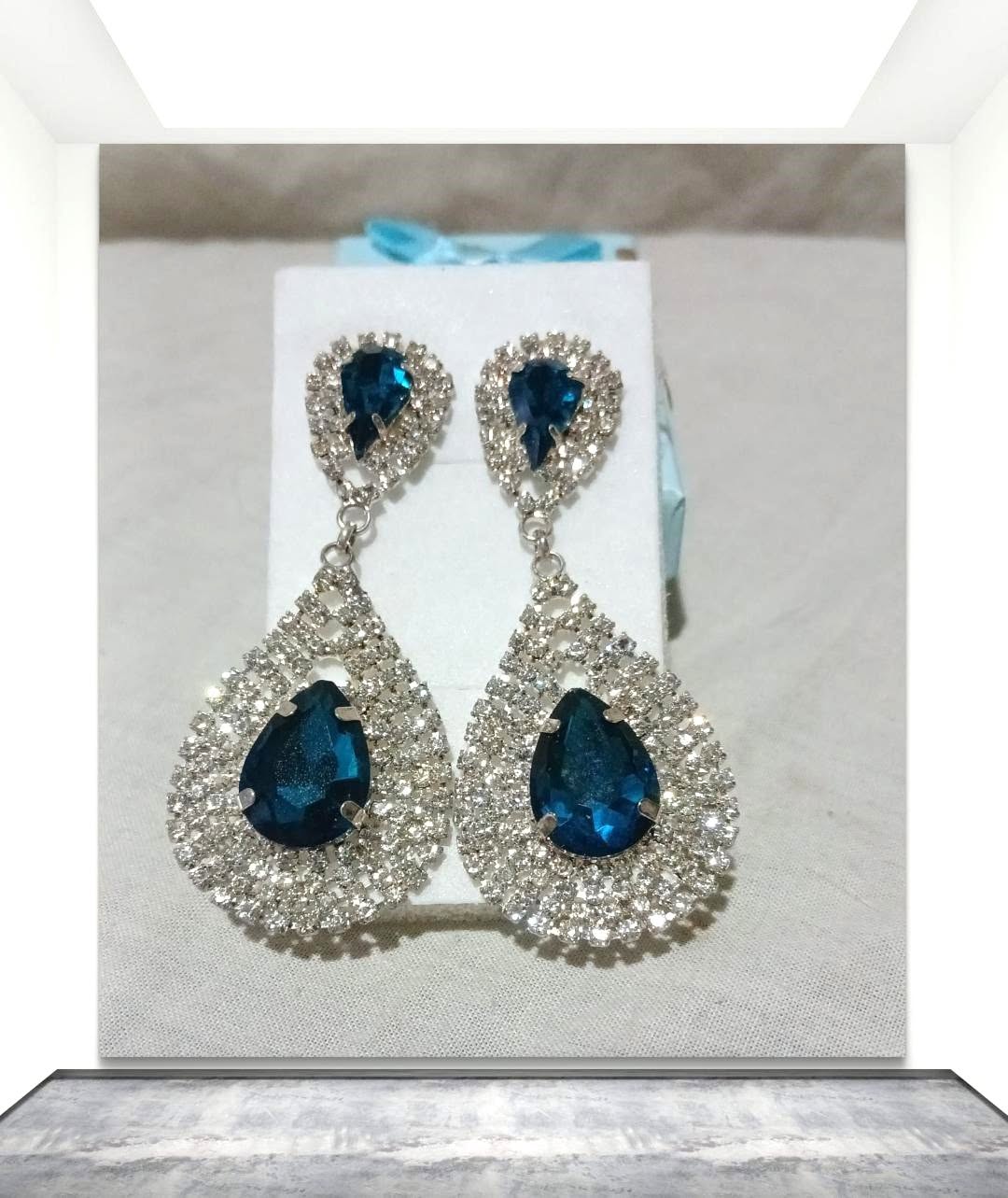 Navy Blue Simulated Crystal & Rhinestone Bridal Long Earrings - Image 2