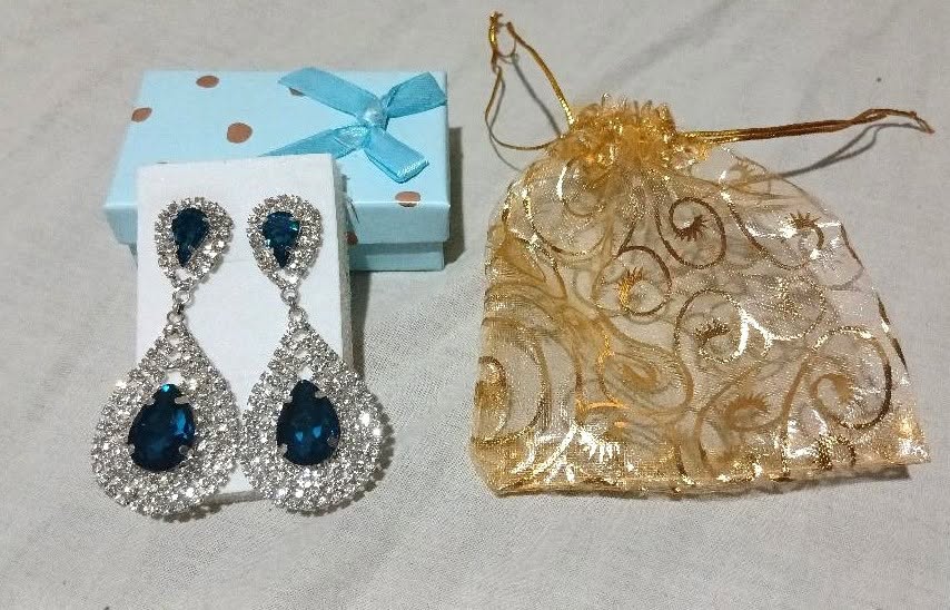 Navy Blue Simulated Crystal & Rhinestone Bridal Long Earrings - Image 3
