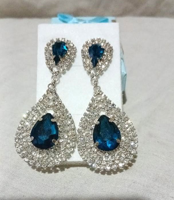 Navy Blue Simulated Crystal & Rhinestone Bridal Long Earrings - Image 4