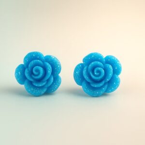 Feminine Sparkling Rose Flower Coral Light Blue Stud Earrings