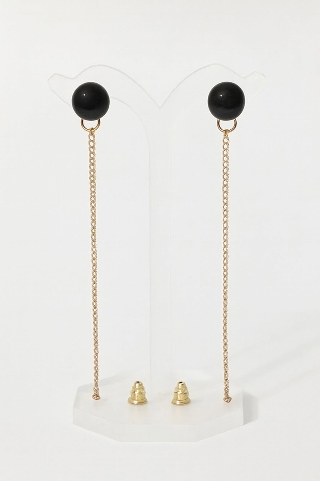 Elegant Black Plastic Bead Stud & Gold Tone Chain Drop Earrings
