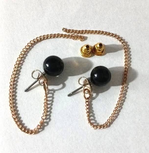 Elegant Black Plastic Bead Stud & Gold Tone Chain Drop Earrings - Image 2