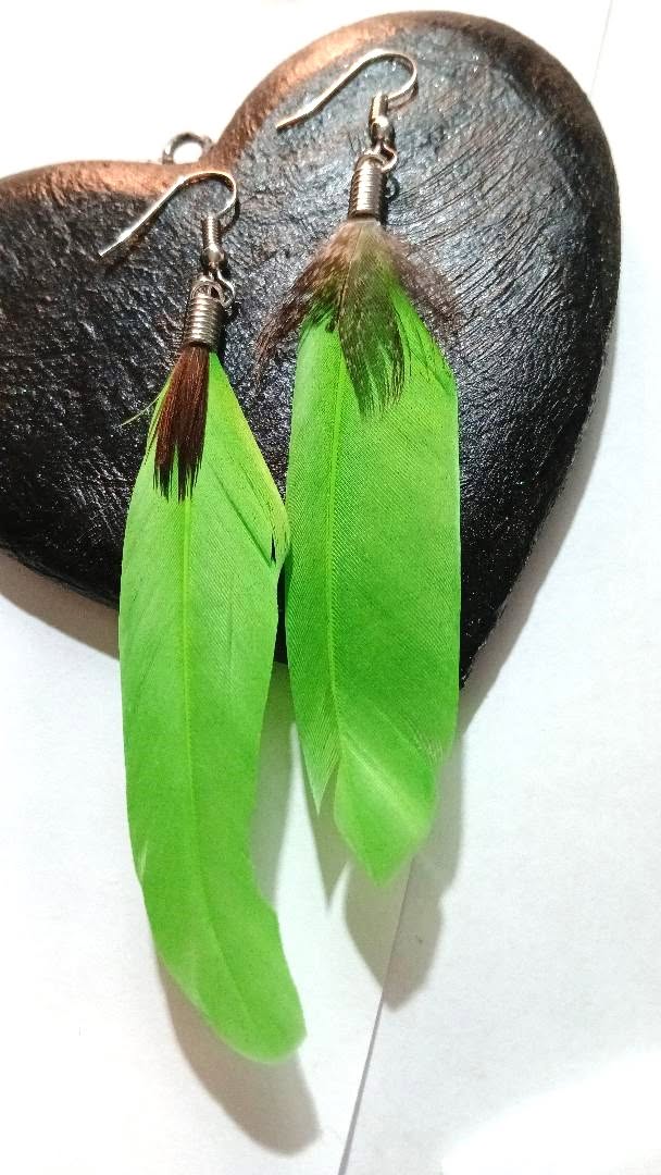 Sunny Long Drop Bright Green Feather Earrings - Image 3