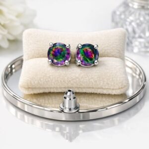 Round Concave‑Cut Mystic Quartz Silver Plated Stud Earrings
