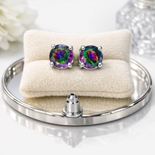 Round Concave‑Cut Mystic Quartz Silver Plated Stud Earrings