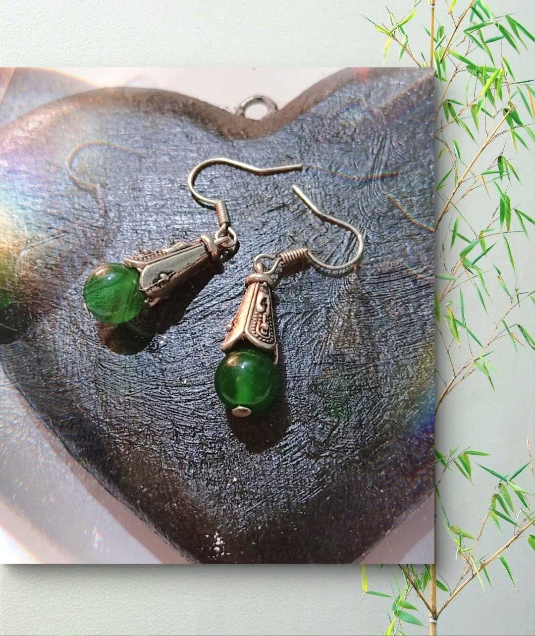 Bohemian Silver Toned Drop Green Jade Earrings - Image 4