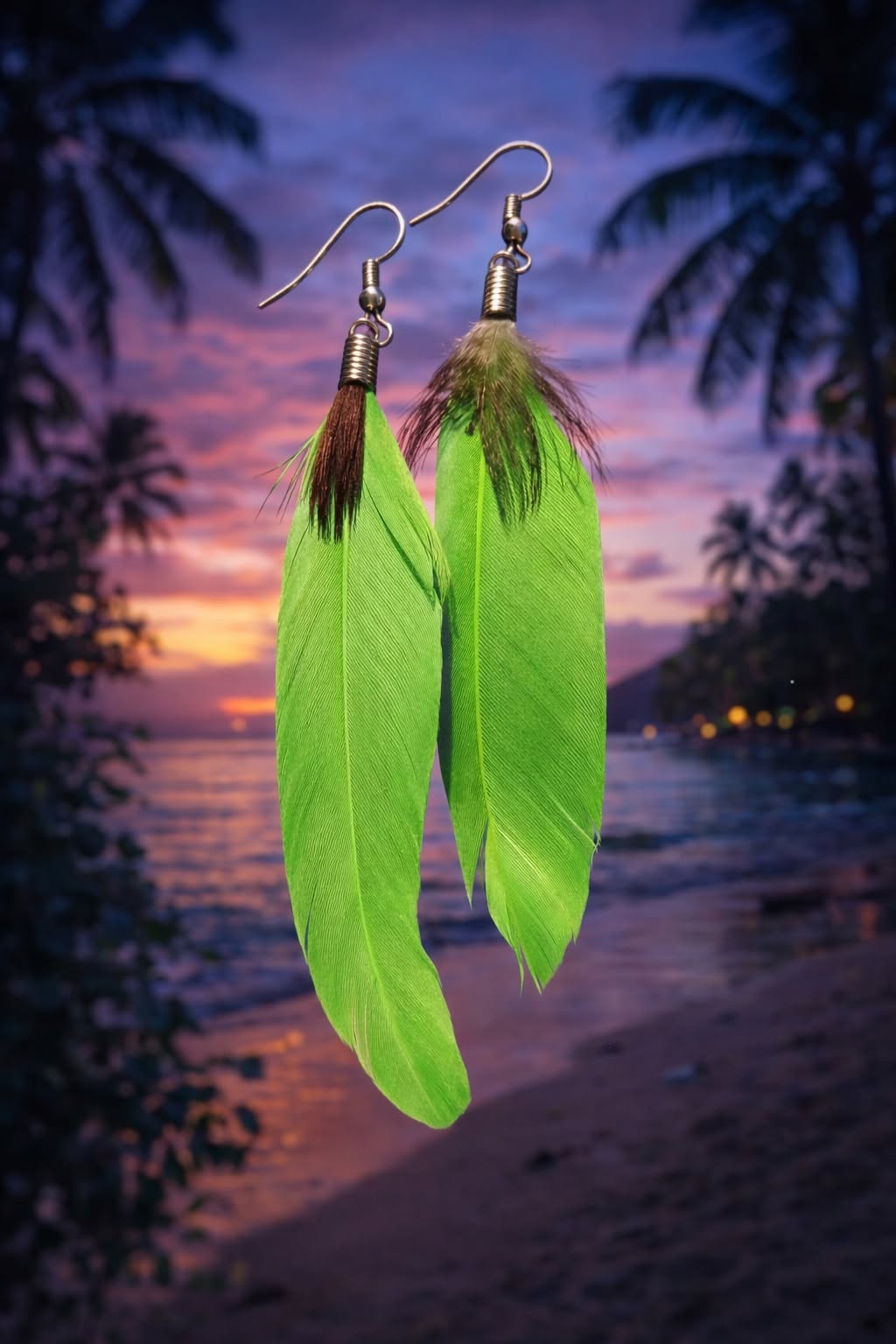 Sunny Long Drop Bright Green Feather Earrings - Image 6