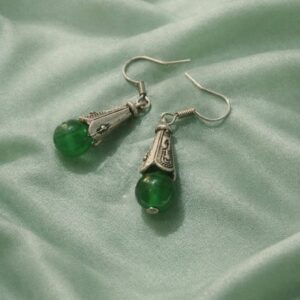 Bohemian Silver Toned Drop Green Jade Earrings