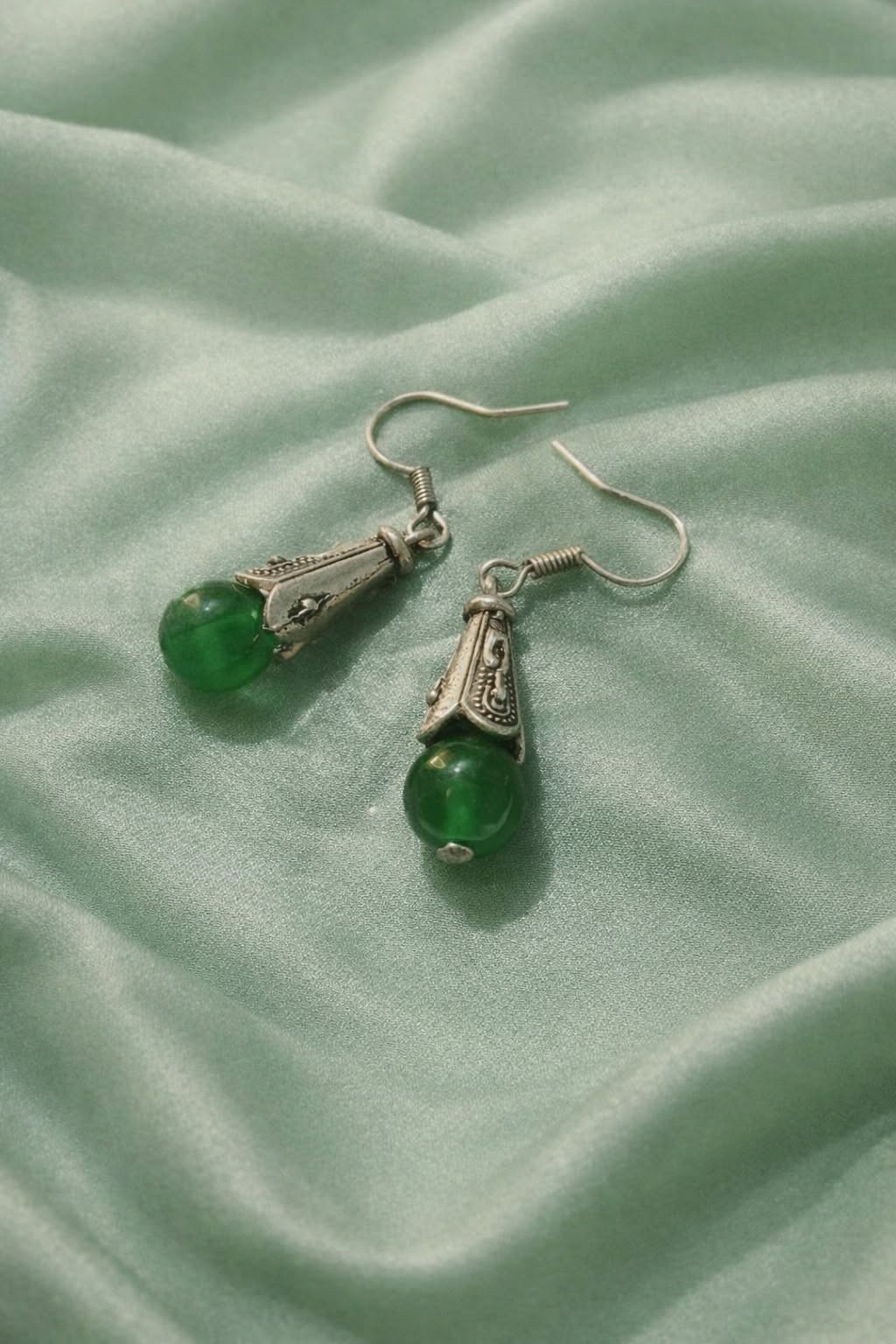 Bohemian Silver Toned Drop Green Jade Earrings