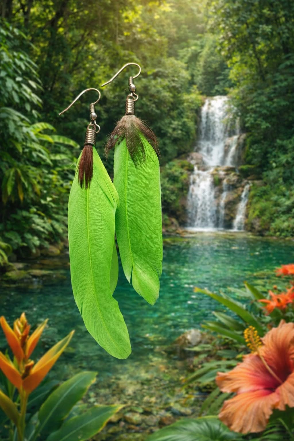 Sunny Long Drop Bright Green Feather Earrings - Image 7