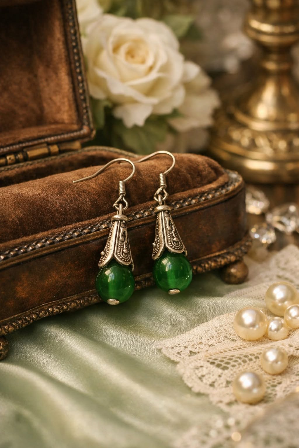 Bohemian Silver Toned Drop Green Jade Earrings - Image 2