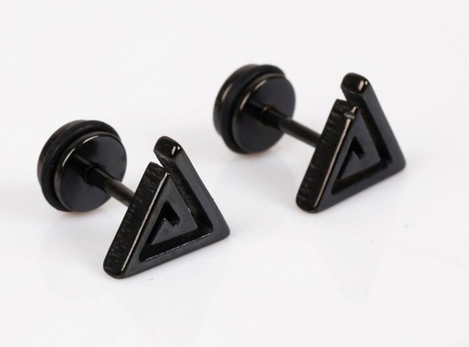 Black Geometric Triangle Titanium Earrings, Gothic Style - Image 2