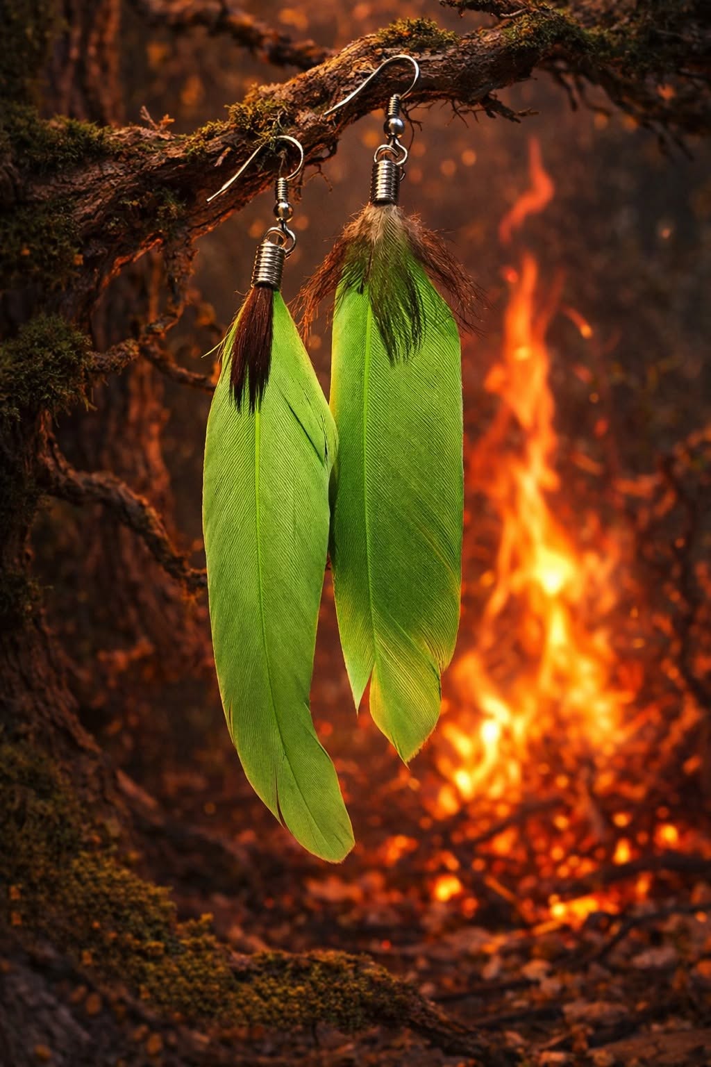 Sunny Long Drop Bright Green Feather Earrings - Image 5