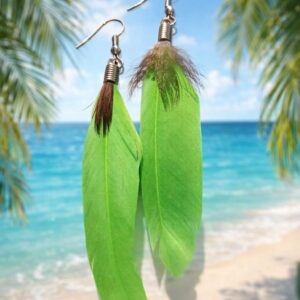 Sunny Long Drop Bright Green Feather Earrings