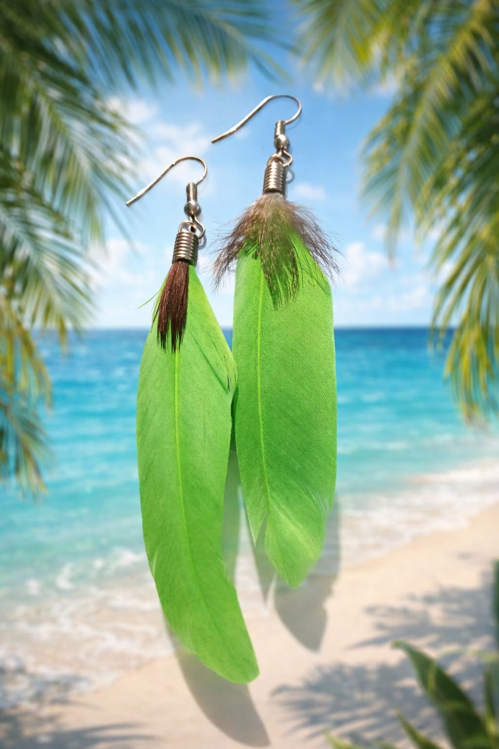 Sunny Long Drop Bright Green Feather Earrings