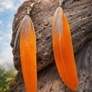 Sunny Long Drop Bright Orange Feather Earrings
