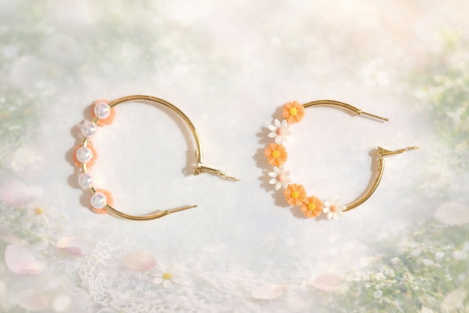 Double-Sided Gold Hoop Earrings – Floral & Pearl Styles - Image 3