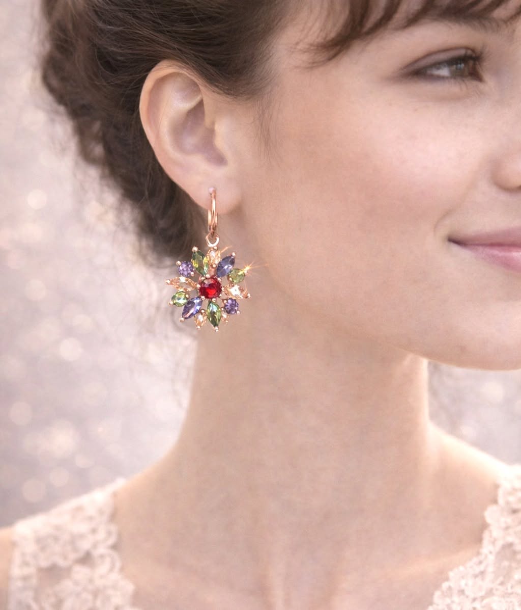 Multicolour Floral Drop Earrings – Rose Gold 14k Plated - Image 2