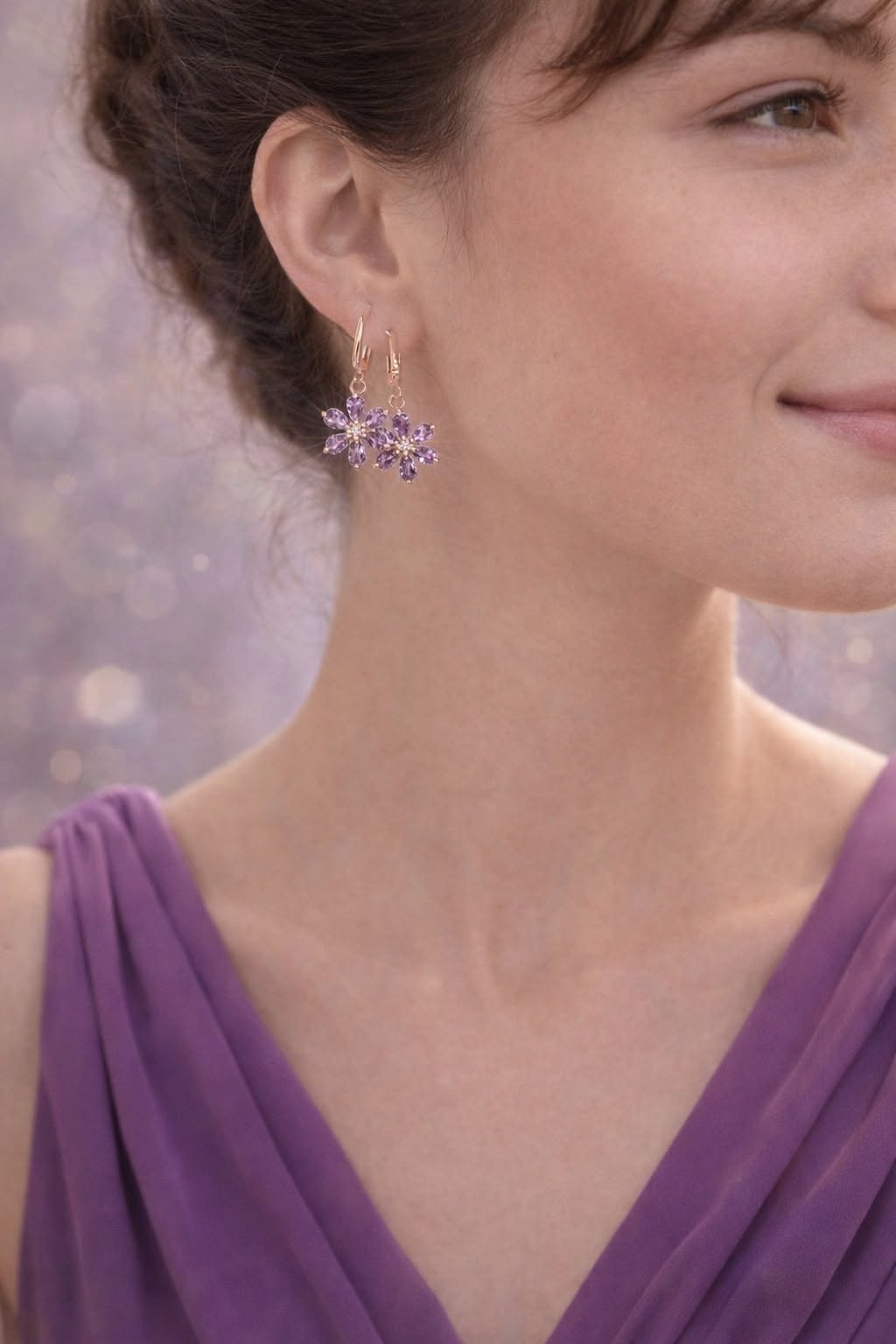 14K GP Flower Design with Marquise Amethysts Drop Earrings - Image 3
