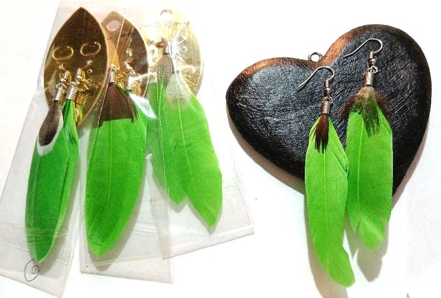Sunny Long Drop Bright Green Feather Earrings - Image 4